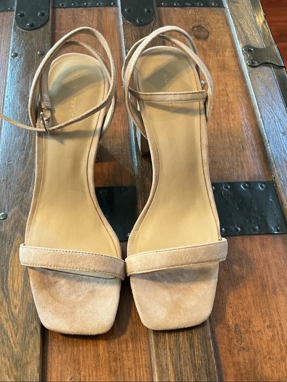 Ann Taylor Beige Suede Ankle Buckle  Block Heel Sandals
